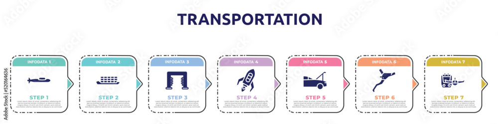 transportation concept infographic design template. included submarine side view, container ship side view, carwash hine, flying rocket, hood open, brakes, miscellaneous icons and 7 option or steps. transportation concept infographic design template. included submarine side view, container ship side view, carwash hine, flying rocket, hood open, brakes, miscellaneous icons and 7 option or steps.