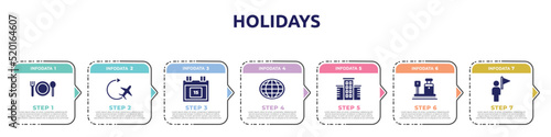 holidays concept infographic design template. included plate with fork and knife cross, airplane, calendar day 15, earth globe, hotel, travelling baggage weight, tourist guide icons and 7 option or