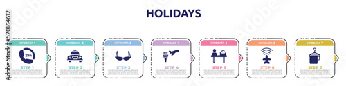 holidays concept infographic design template. included 24 hours phone attention service, taxi transportation, old fashion glasses, airplane and airport tower, check in desk, airport flight info,
