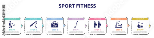 sport fitness concept infographic design template. included batter, fishing, emergencies, flyboard, elbow pads, gym station, stationary bicycle icons and 7 option or steps.