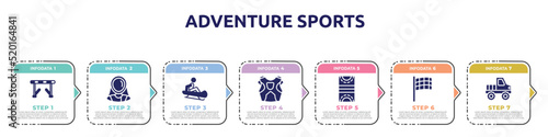 adventure sports concept infographic design template. included hurdle, fencer, sledding, protector, hockey pitch, black flagged, off road icons and 7 option or steps.
