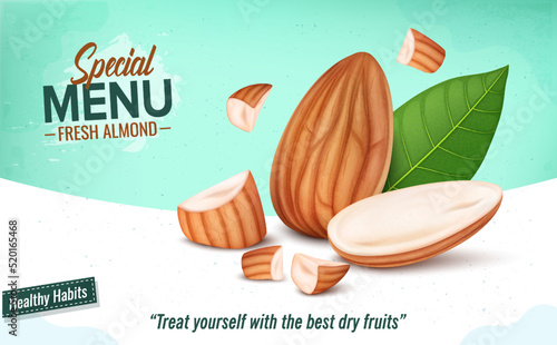 Brown Almond with nuts pieces and green leaf vector illustration