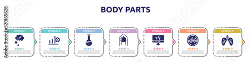 body parts concept infographic design template. included zzz sleep, bar graph with a cross, test tube and flask, long wavy hair, heartbeats monitoring, life, lungs with the trachea icons and 7