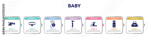 baby concept infographic design template. included chopper, head mirror, impaired, dental drill, stretch, vial, baby bag icons and 7 option or steps.
