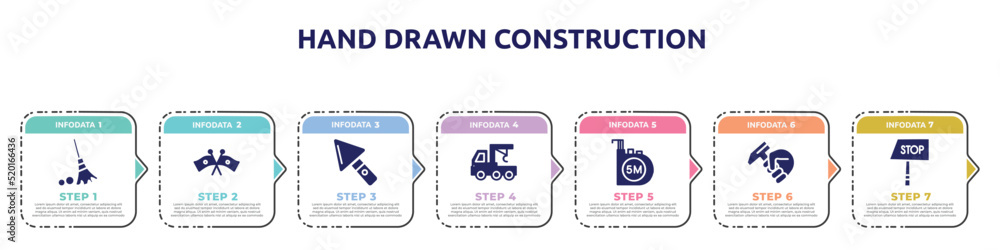 hand drawn construction concept infographic design template. included sweeping broom, flags crossed, construction palette, truck with crane, five meters ruler, hammer in hand, stop hand drawn icons hand drawn construction concept infographic design template. included sweeping broom, flags crossed, construction palette, truck with crane, five meters ruler, hammer in hand, stop hand drawn icons