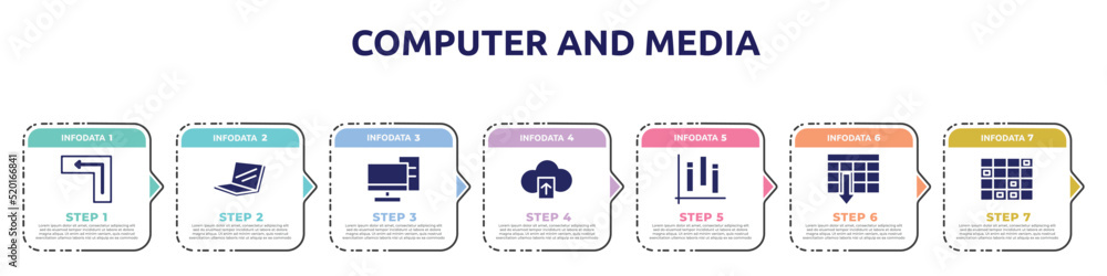 computer and media concept infographic design template. included keyboard key enter, laptop in perspective, server from client, cloud upload, chart of columns, spreadsheet ascending order, computer and media concept infographic design template. included keyboard key enter, laptop in perspective, server from client, cloud upload, chart of columns, spreadsheet ascending order,