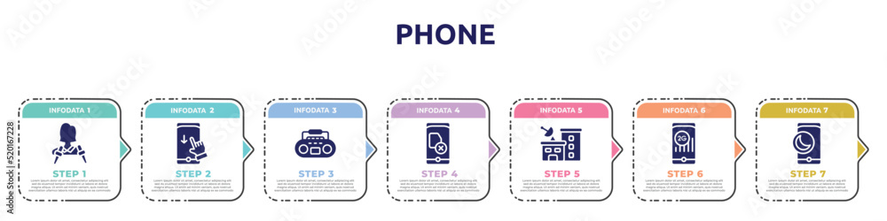 phone concept infographic design template. included journalist, swipe down, tape player, no, station, 2g, half moon icons and 7 option or steps. phone concept infographic design template. included journalist, swipe down, tape player, no, station, 2g, half moon icons and 7 option or steps.