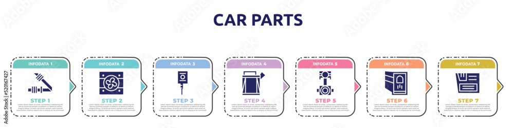 Obraz premium car parts concept infographic design template. included car seat belt or safety belt, car fan, ignition, petrol tank, connecting rod, reversing light, glove compartment icons and 7 option or steps.