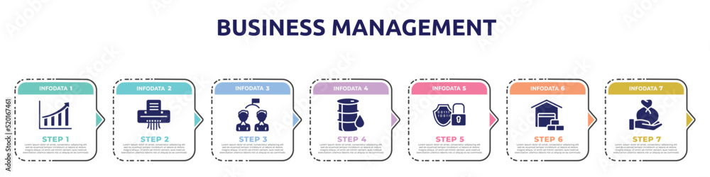 business management concept infographic design template. included rise, paper shredder, competitor, oil barrel, encryption, wholesaler, wage icons and 7 option or steps.