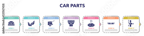 car parts concept infographic design template. included car parcel shelf, car mud flap, taiate, manifold, catalytic converter, bumper, transmission icons and 7 option or steps.