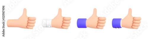 Like Sign. Like - Hand Gesture Thumb Up. Set of 3d Cartoon Character Hand with different sleeves. Icon for Apps, Web Design, T-shirts, Advertising, Posters isolated on white. 3D Vector