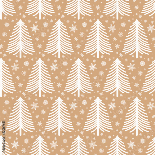 Christmas seamless pattern, monochrome, fir trees and snowflakes.Vector illustration in simple flat doodle style. White pattern on a craft background of a square shape. Gift paper, fabric print, cover