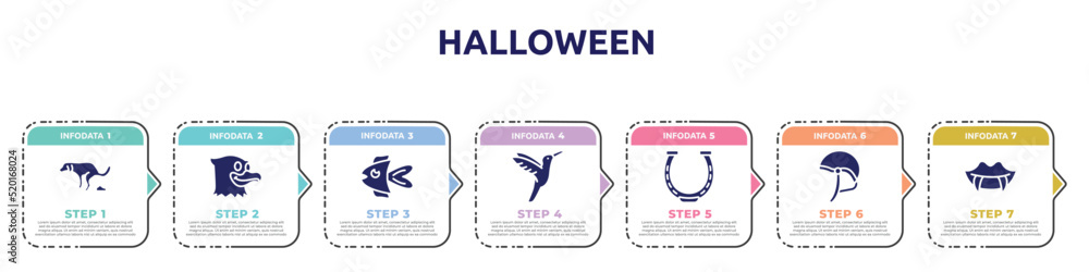 halloween concept infographic design template. included dog shitting, eagle, fish, hummingbird, horseshoe, jockey hat, fangs icons and 7 option or steps. halloween concept infographic design template. included dog shitting, eagle, fish, hummingbird, horseshoe, jockey hat, fangs icons and 7 option or steps.