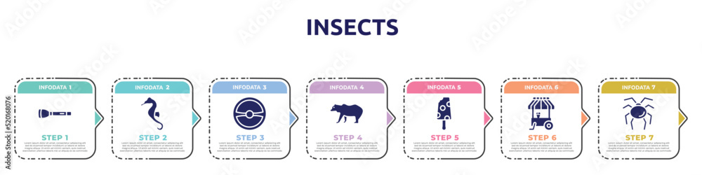 insects concept infographic design template. included torch, seahorse, steering wheel, grizzly bear, , ice cream cart, opiliones icons and 7 option or steps. insects concept infographic design template. included torch, seahorse, steering wheel, grizzly bear, , ice cream cart, opiliones icons and 7 option or steps.