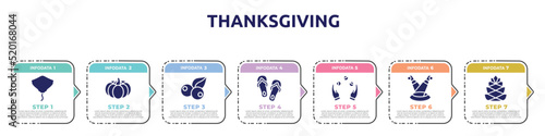 thanksgiving concept infographic design template. included stingray, pumpkin, berries, flip flops, juggling, scene, pine cone icons and 7 option or steps.