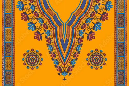 Vector african dashiki colorful neckline flower embroidery pattern with decoration elements border on yellow background. African tribal art shirts fashion.
