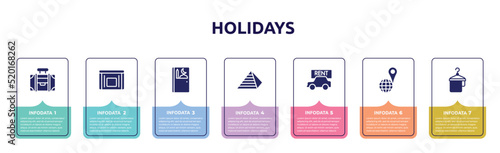 holidays concept infographic design template. included travelling handle bag, sick bag, prayer room, keops pyramid, rent a car, geolocated place, hanger with a towel icons and 7 option or steps.