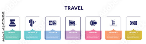 travel concept infographic design template. included king size, breathalyzer, open passport, two window carriage, earth globe, swimming pool ladder, boarding card icons and 7 option or steps.