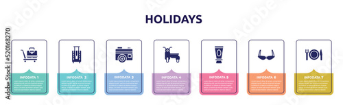 holidays concept infographic design template. included baggage transportation over wheels cart, bag for travel, vintage digital photo camera, sidecar, skin sunscreen, old fashion glasses, plate,