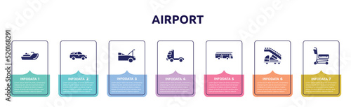 airport concept infographic design template. included sea scooter, electric car side view, hood open, pickup truck side view, checker, airport truck, airport cart icons and 7 option or steps.