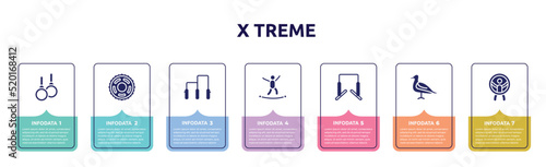 x treme concept infographic design template. included gymnastic rings, sprocket, gym bars, highlining, horizontal bars, seagulls, zorbing icons and 7 option or steps.