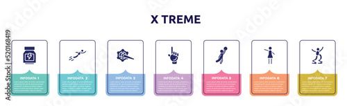 x treme concept infographic design template. included whey protein, free flying, crank arm, foam hand, team player, hostess, powerbocking icons and 7 option or steps.