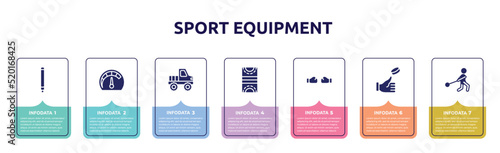 sport equipment concept infographic design template. included glowstick, mph, off road, hockey pitch, punching, coin toss, hammer throwing icons and 7 option or steps.