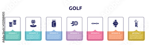 golf concept infographic design template. included parade lap, rugby player, energy bar, burnout, diving belt, dive computer, golf caddy icons and 7 option or steps.
