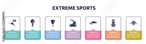 extreme sports concept infographic design template. included football flag, tee, lift bag, handbrake, autocross, led strobe, hang gliding icons and 7 option or steps.