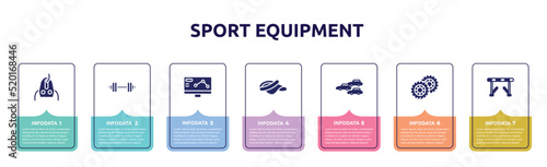sport equipment concept infographic design template. included sheave, barbell, telemetry, visor, apex, pit, hurdle icons and 7 option or steps.