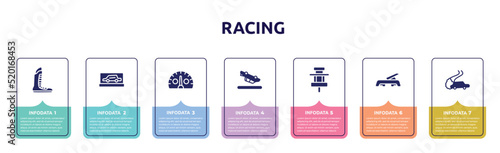 racing concept infographic design template. included boxing shoe, backup car, kmh, blowover, paddock, fitness step, drifting icons and 7 option or steps.