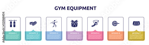 gym equipment concept infographic design template. included gas cilinder, hockey puck, javelin, protector, hang glider, crank, push up icons and 7 option or steps.