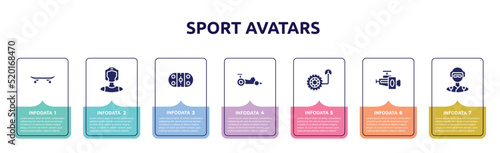 sport avatars concept infographic design template. included longboard, kickboxer, arena, kart racing, tire pressure, horsepower, skydiver icons and 7 option or steps.