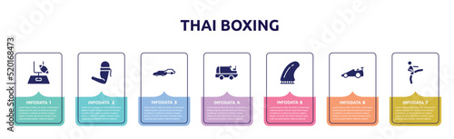 thai boxing concept infographic design template. included rugby goal, armband, chase, ice resurfacer, fin, drag racing, kicking icons and 7 option or steps.