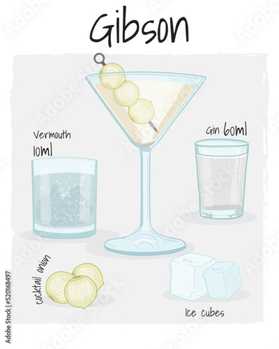 Gibson Cocktail Illustration Recipe Drink with Ingredients