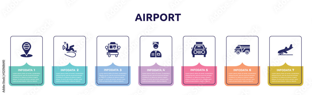 airport concept infographic design template. included placeholder point, slip, bus front with driver, valet, solar taxi, minivan taxi, landing icons and 7 option or steps.