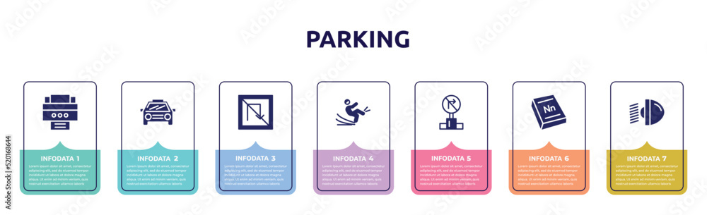 parking concept infographic design template. included portable printer, car frontal view, no turn, slippery, no turn right, 3d dictionary, car light icons and 7 option or steps.
