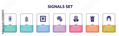 signals set concept infographic design template. included men toilet, semaphore light, round hotel, locked car, taxi stop, trash, tunnel icons and 7 option or steps.