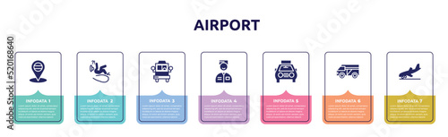 airport concept infographic design template. included placeholder point, slip, bus front with driver, valet, solar taxi, minivan taxi, landing icons and 7 option or steps.