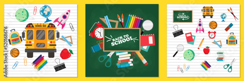 Back to school illustrations and backgrounds. School or education concepts, vector set