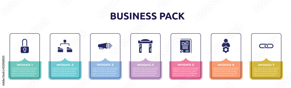 business pack concept infographic design template. included locked padlock, diagram folder, product promotion, welcome gate, business journal, administrator, link icons and 7 option or steps.