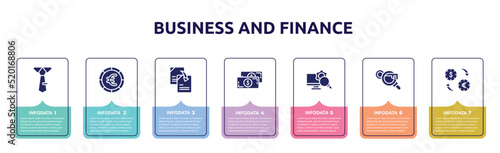 business and finance concept infographic design template. included big tie, round euro button, duplicate content, big paper bill, monitoring system, keyword search, currency rates icons and 7 option