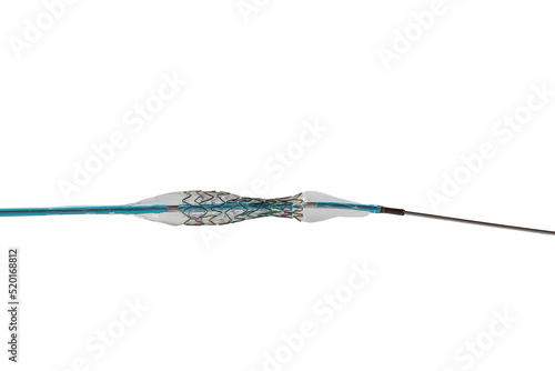 Heart Stent angioplasty. Stent and catheter for implantation into blood vessels with an empty and filled balloon. High resolution photo isolated on a white background. photo