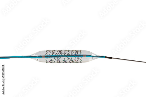 Heart Stent angioplasty. Stent and catheter for implantation into blood vessels with an empty and filled balloon. High resolution photo isolated on a white background. photo