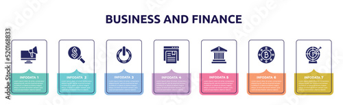 business and finance concept infographic design template. included responsive marketing, currency search, power variant, bookmark service, bank building, bit round button, target with an arrow icons