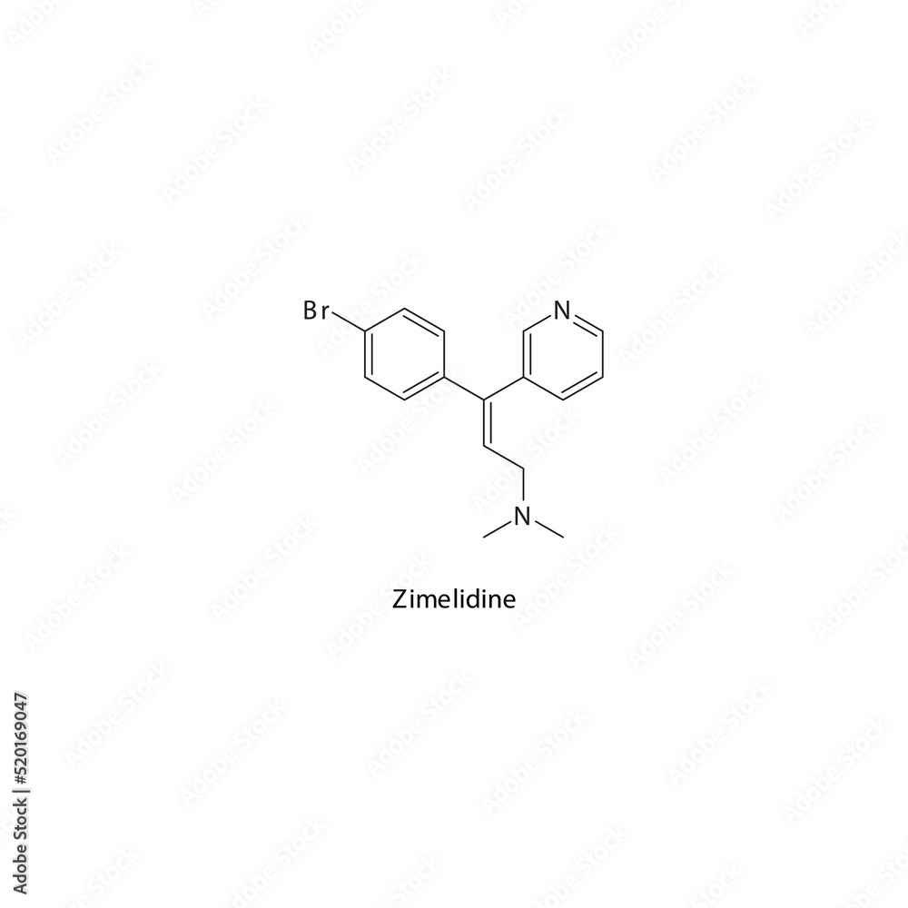 Zimelidine molecule flat skeletal structure, SSRI - Selective serotonin reuptake inhibitor class drug used in depression treatment. Vector illustration on white background.