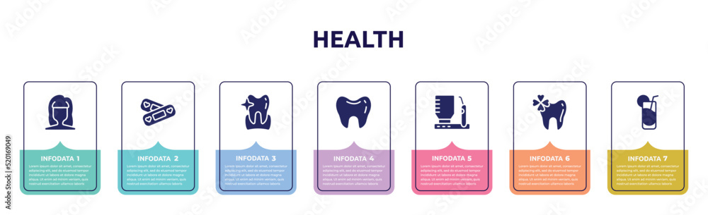 health concept infographic design template. included woman dark long hair shape, lovely aid band, whitening, teeth black shape, dental irrigator, trebol, fresh soda glass icons and 7 option or