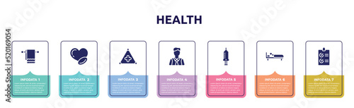 health concept infographic design template. included cloth towel, medicine for heart, warning triangular, executive man, hospital syringe, man in bed, checked list icons and 7 option or steps.