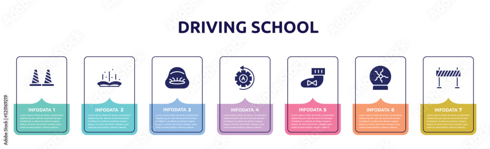 driving school concept infographic design template. included bollards, tale, beanbag, automatic, booties, plasma ball, traffic barrier icons and 7 option or steps.