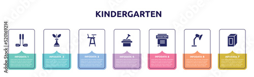 kindergarten concept infographic design template. included golf equipment, biological, highchair, sandbox, transcript, adjustable lamp, juice box icons and 7 option or steps.